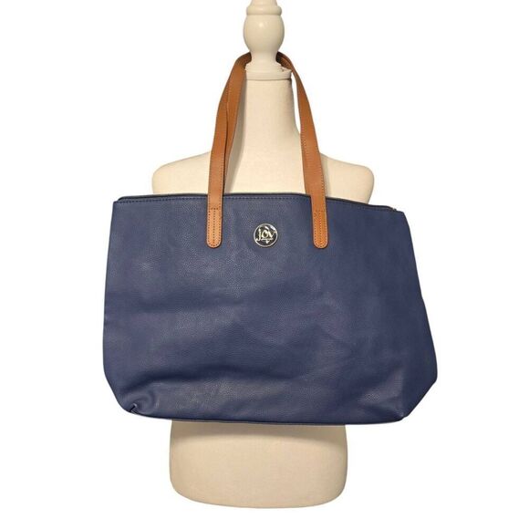 Joy Mangano Womens Navy/Brown Leather Pebbled Large Tote Bag - Picture 1 of 8